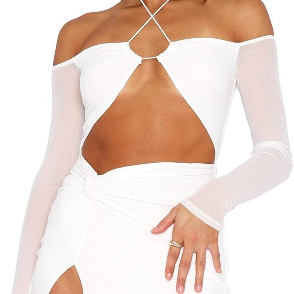 Just Quella Women's Halter Neck Long Sheer Off- The Shoulder Sleeves Cut Out